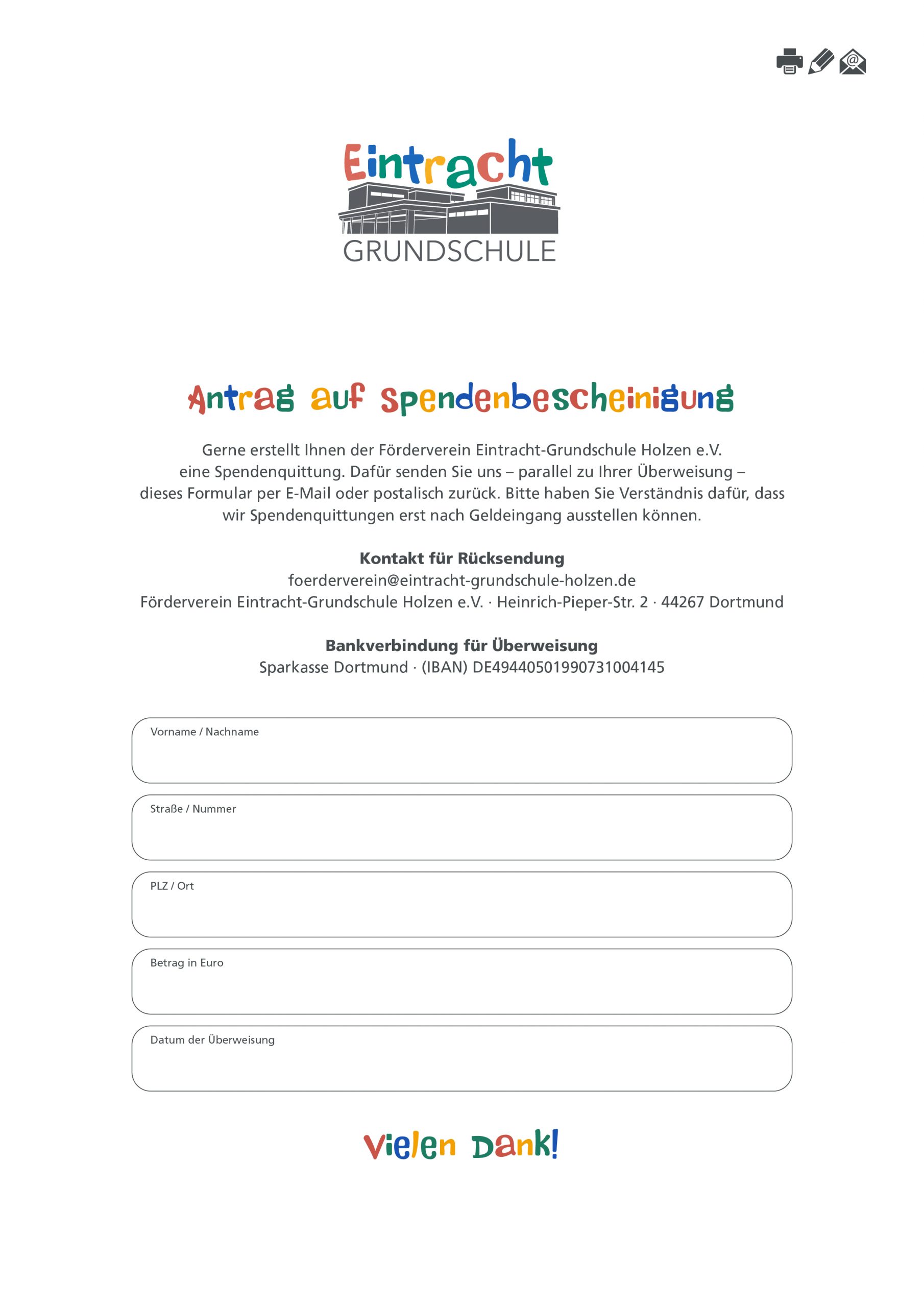 Eintracht Grundschule Dortmund Holzen: Antrag Spendenbescheinigung
